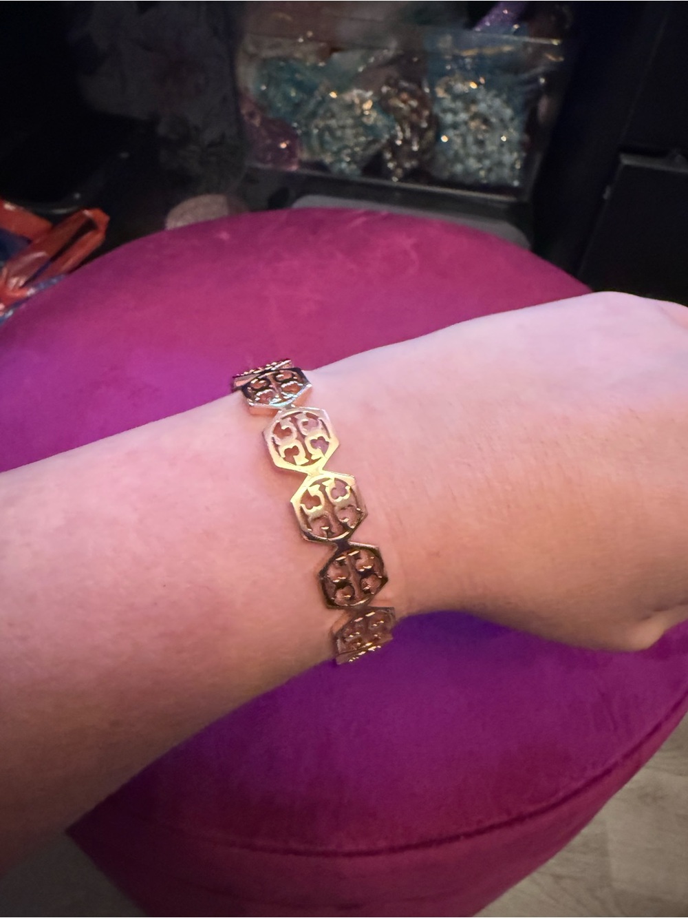 Tory Burch Rose Gold Hexagon Logo Cuff Bracelet - Picture 3 of 4